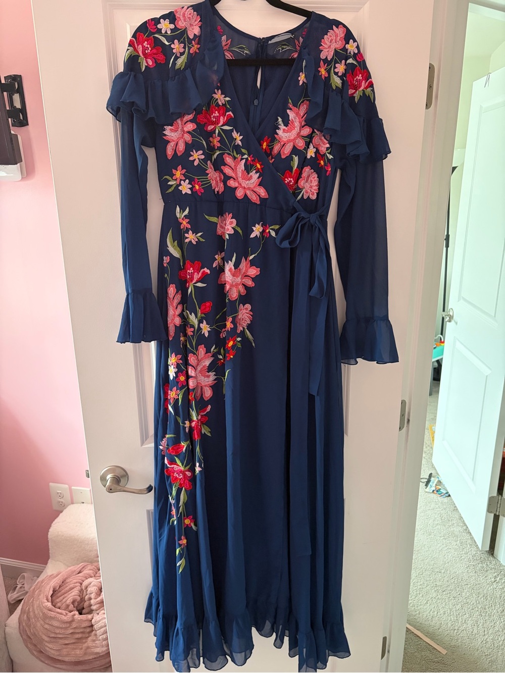ASOS Maternity Navy Maxi Dress with Pink & Red Floral Embroidery